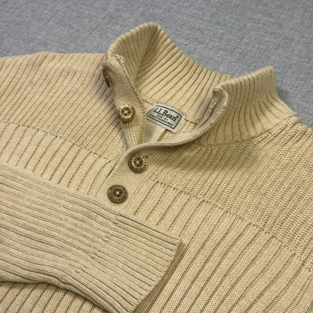 L.L. Bean Henley Sweater Pullover Mens Large Beige Cotton Mock Neck Heavyweight